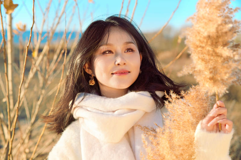 秋天午后在金灿灿的芦苇荡里的亚洲美女图片