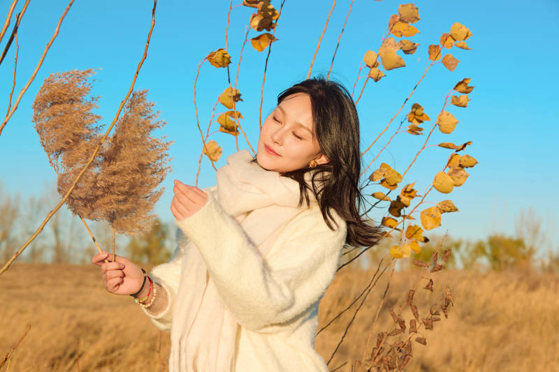 秋天午后在金灿灿的芦苇荡里的亚洲美女图片
