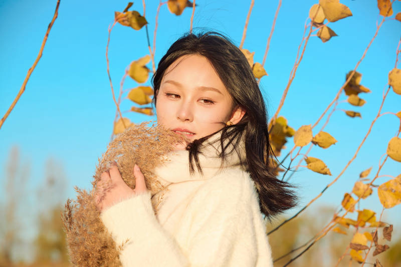 秋天午后在金灿灿的芦苇荡里的亚洲美女图片