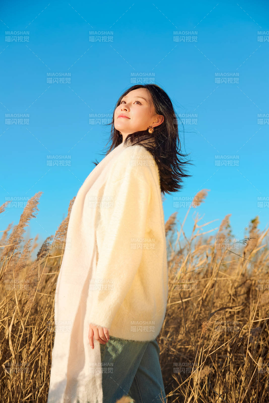 秋天晴朗的午后在芦苇荡里起舞的美女图片