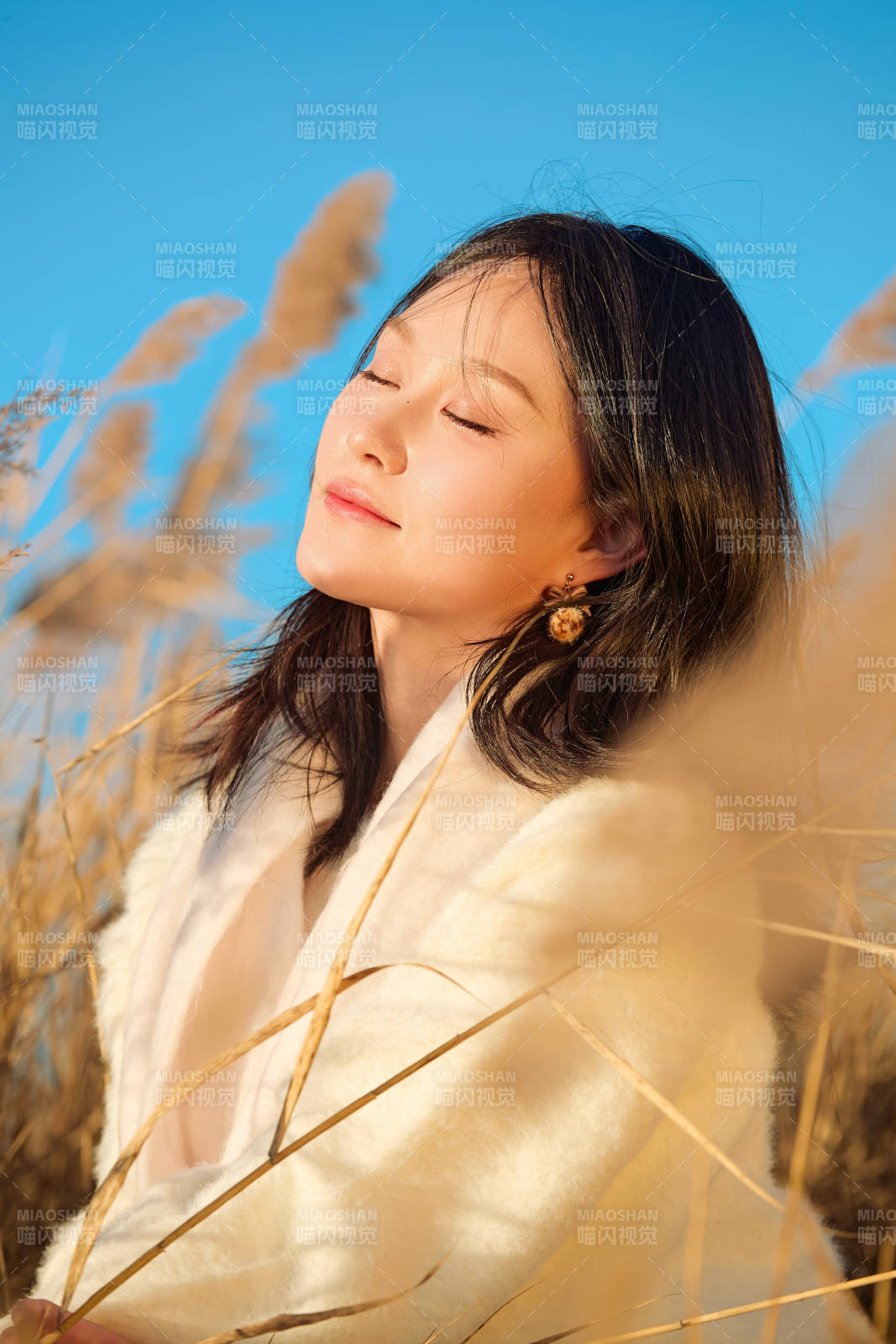 秋天晴朗的午后在芦苇荡里起舞的美女图片