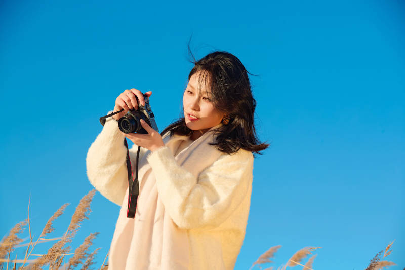 秋天晴朗的午后在芦苇荡里拍照的女性摄影师图片