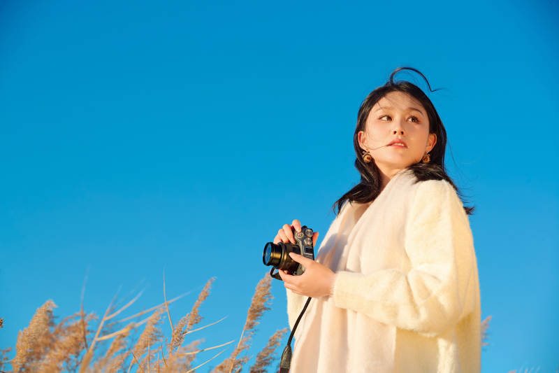 秋天晴朗的午后在芦苇荡里拍照的女性摄影师图片