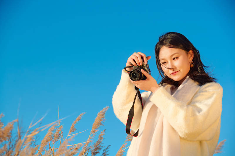 秋天晴朗的午后在芦苇荡里拍照的女性摄影师图片