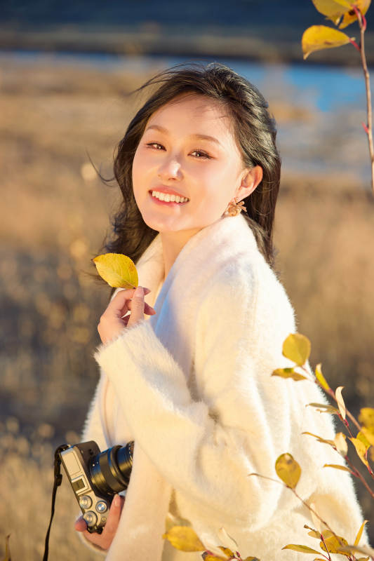 秋天晴朗的午后在芦苇荡里拍照的女性摄影师图片