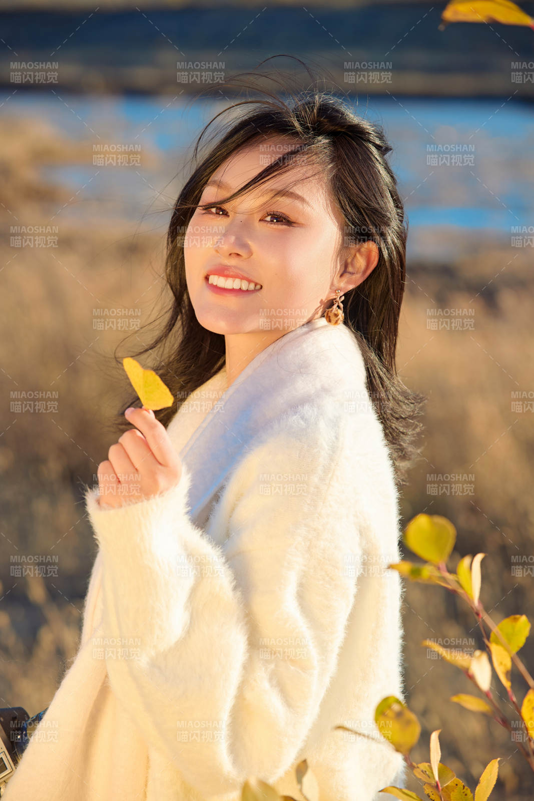 秋天晴朗的午后在芦苇荡里拍照的女性摄影师图片