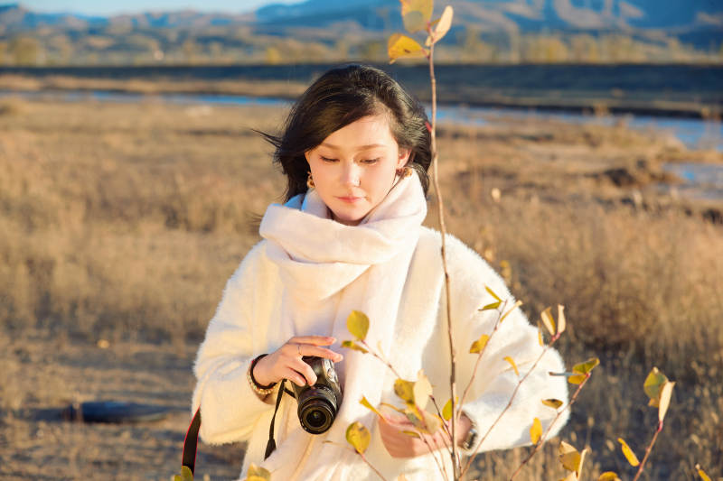 秋天晴朗的午后在芦苇荡里拍照的女性摄影师图片
