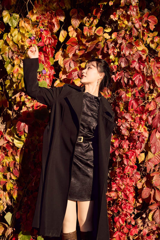 秋天在红叶遍布的河边拍照的亚洲女性图片