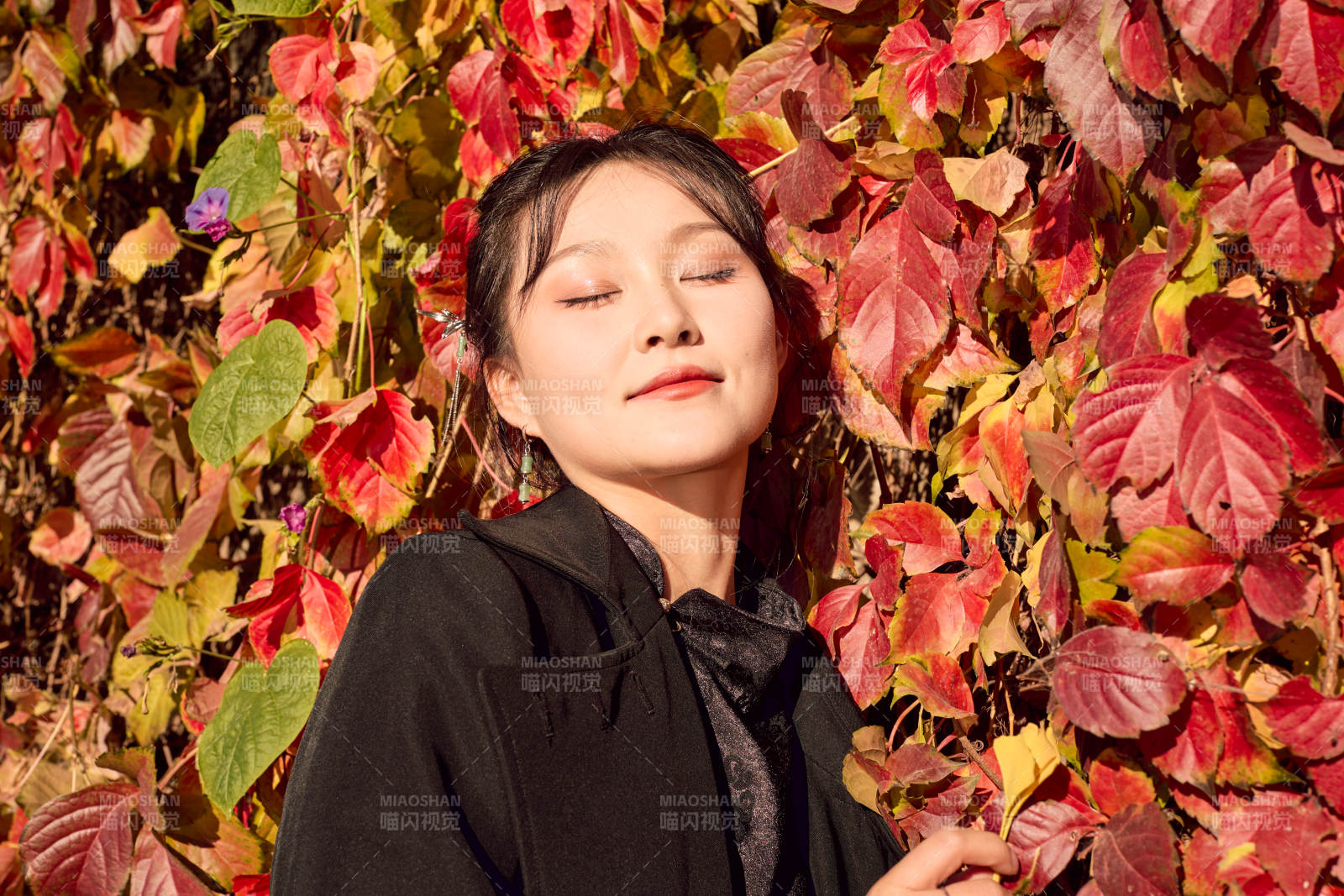 秋天在红叶遍布的河边拍照的亚洲女性图片