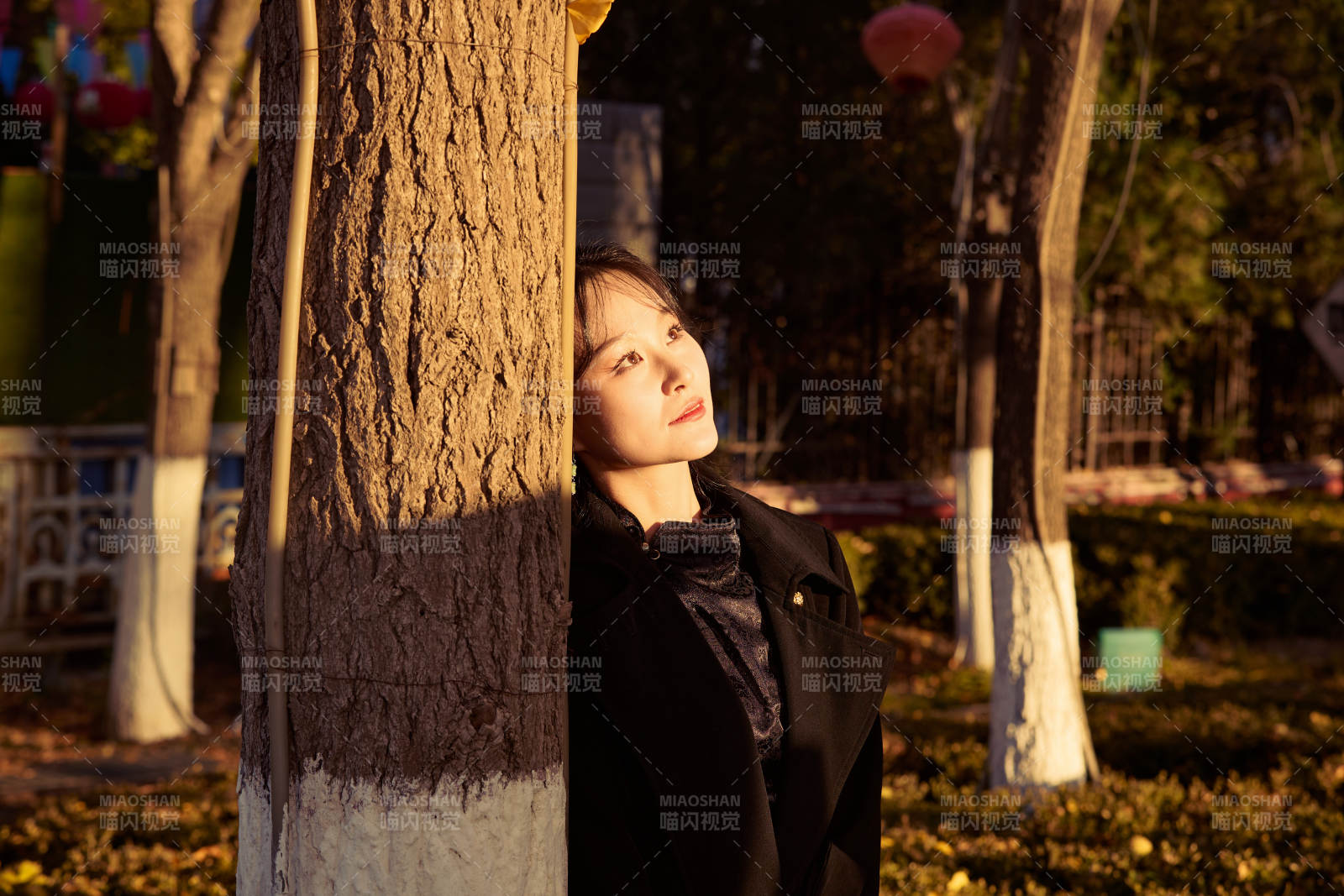 秋季午后在公园里享受阳光的东方美女图片