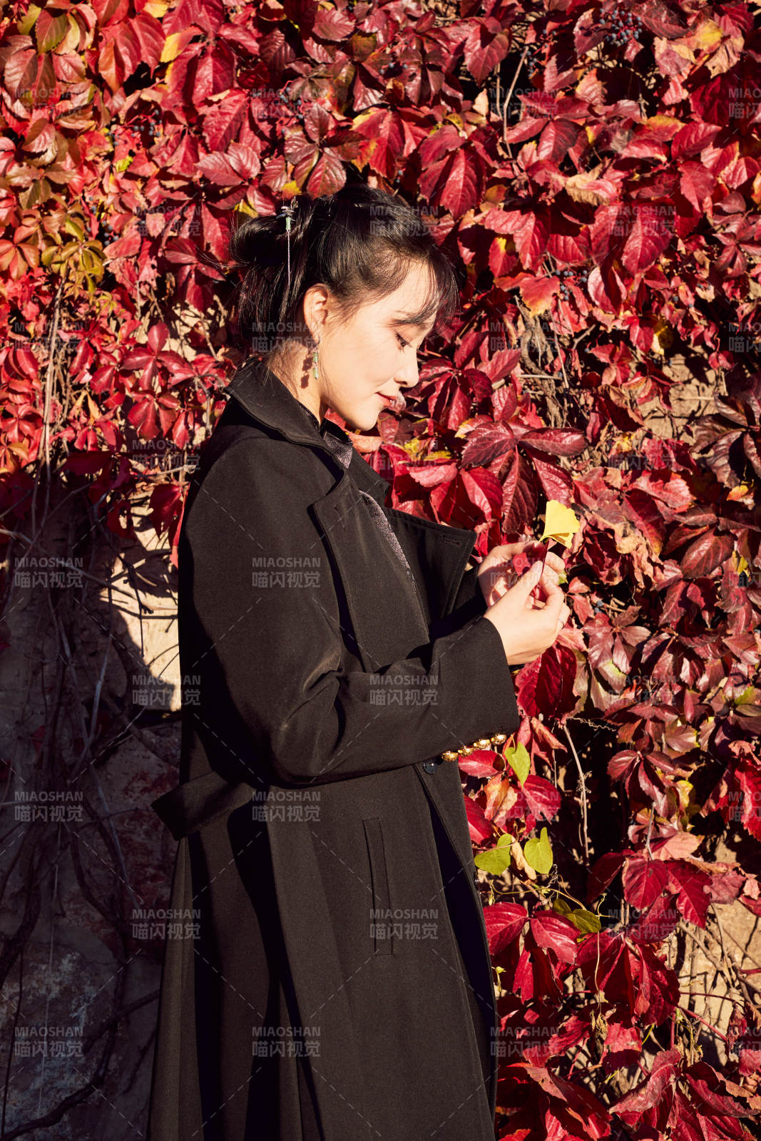 秋天在红叶遍布的河边拍照的亚洲女性图片