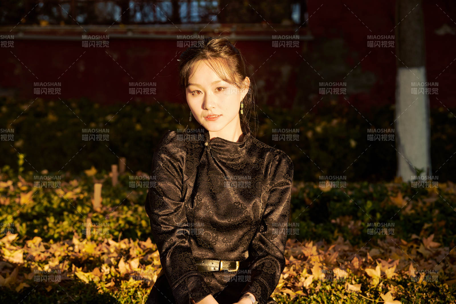 秋季午后在公园里享受阳光的东方美女图片