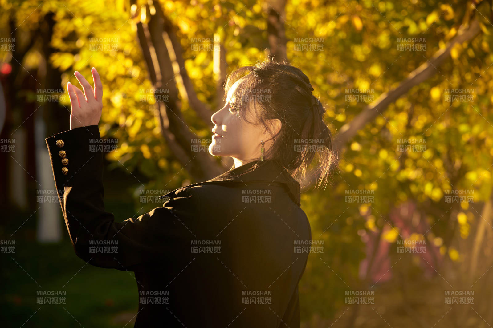 阳光明媚的午后在公园树林拍照的美女图片