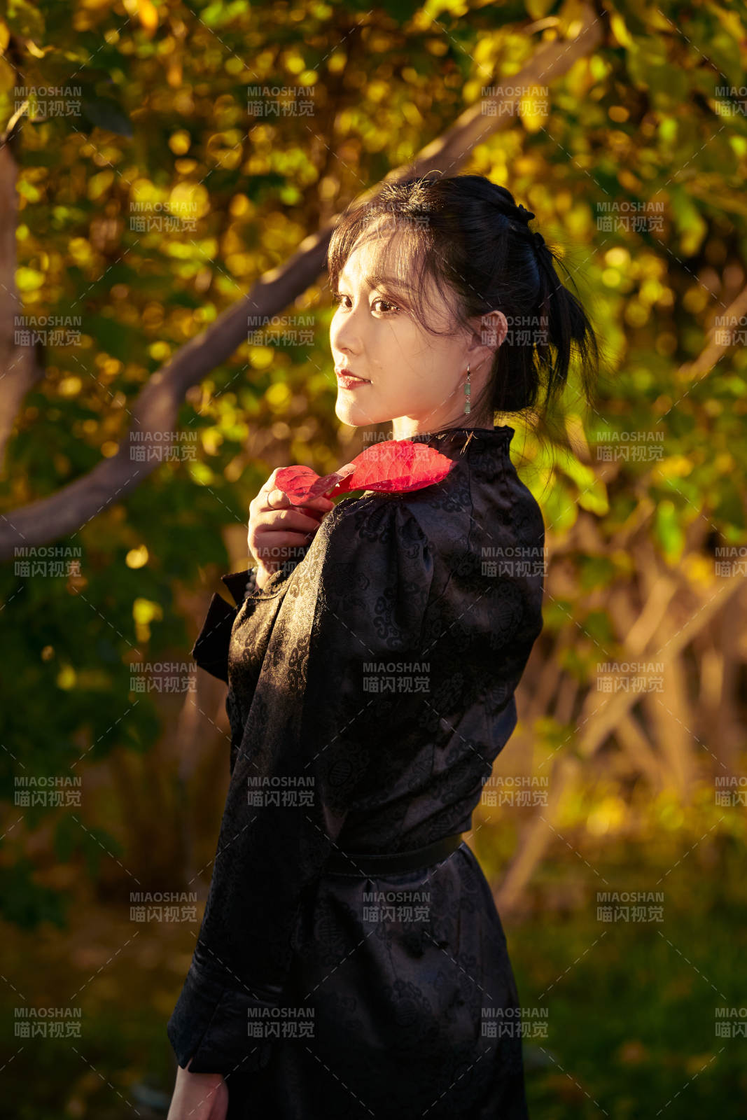 阳光明媚的午后在公园树林拍照的美女图片