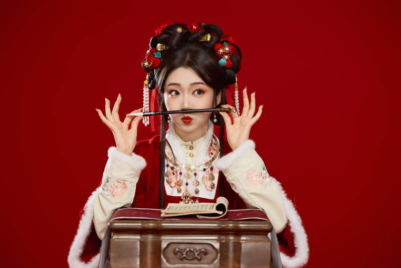 红色背景下身穿喜庆汉服认真学习的中国美女图片