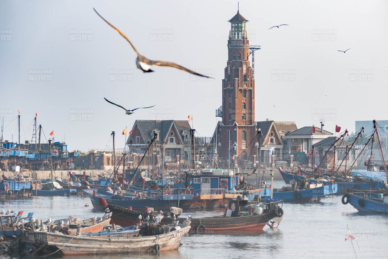 辽宁大连渔人码头塔影船影图片