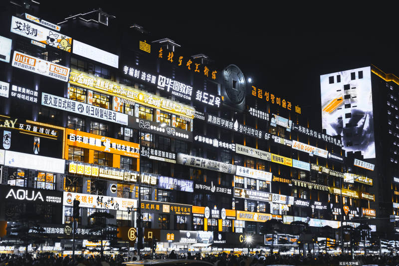 延边大学网红墙繁华夜市霓虹闪烁图片