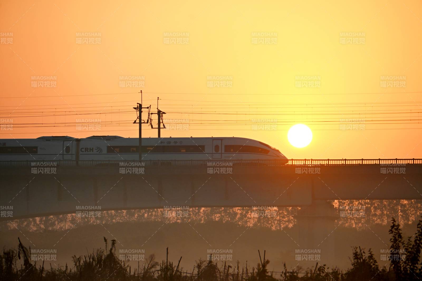 朝阳下的高铁疾驰图片