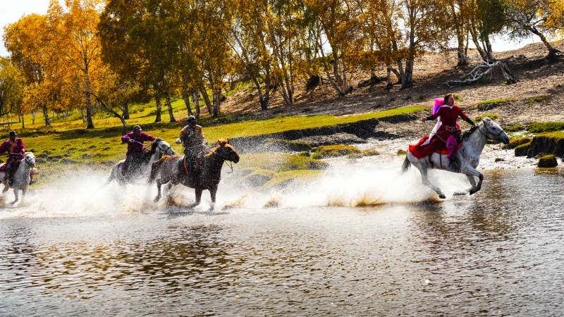 乌兰布统策马奔腾水花飞图片