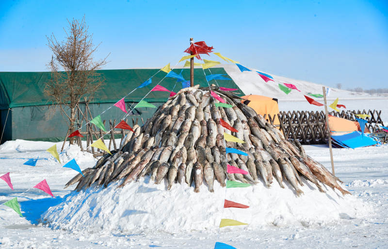 用冬捕野生湖鱼堆积的敖包图片