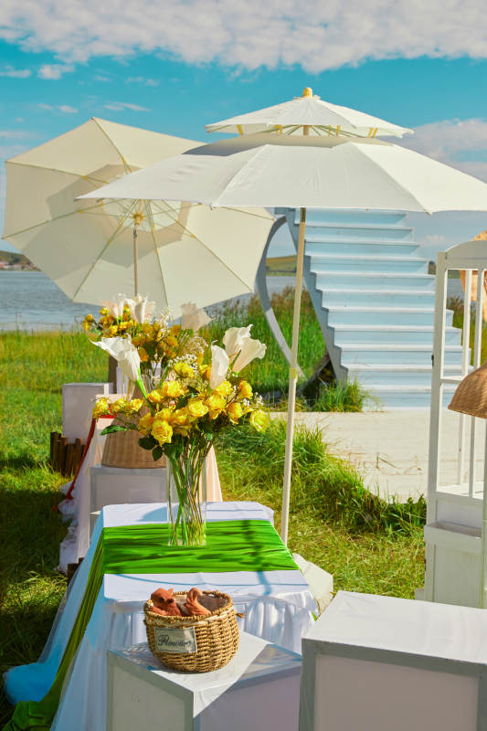 湖畔晴空下浪漫的草坪婚礼布场图片