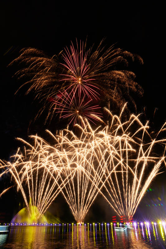 旅游景区湖面绽放的绚丽烟花礼花竖图图片