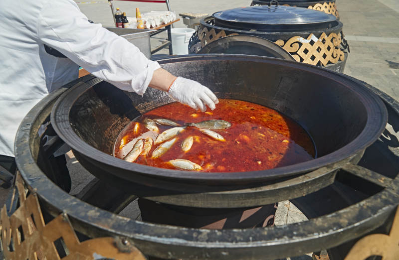 户外柴火铁锅炖煮的刚捕捞的野生鱼汤图片