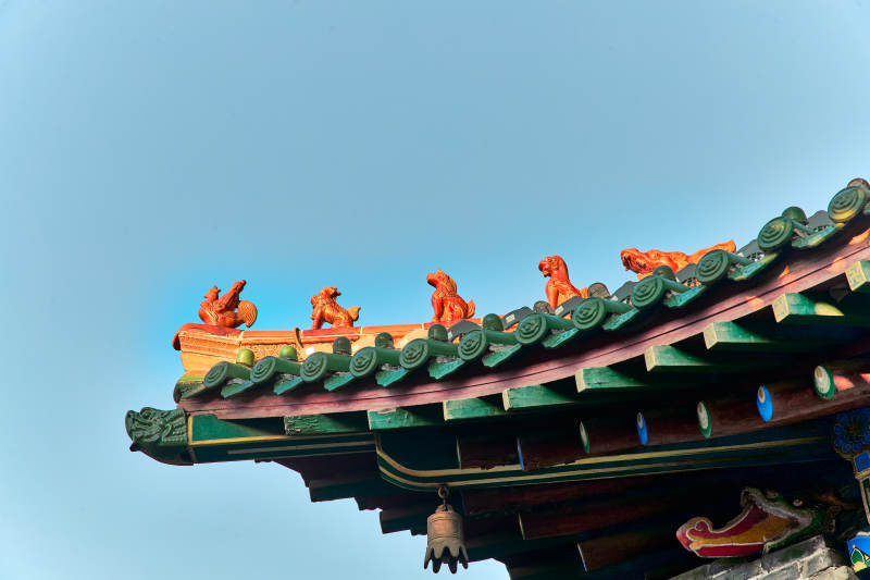 中国河北省张家口市堡子里景区古建筑飞檐特写图片