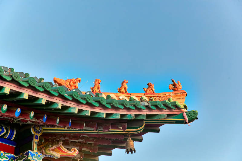 中国河北省张家口市堡子里景区古建筑飞檐特写图片