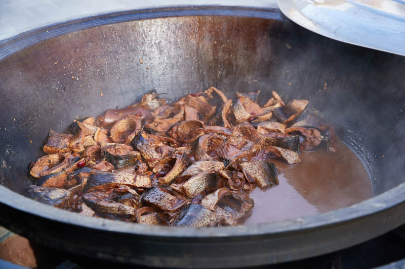 户外柴火铁锅炖煮的刚捕捞的野生鱼图片