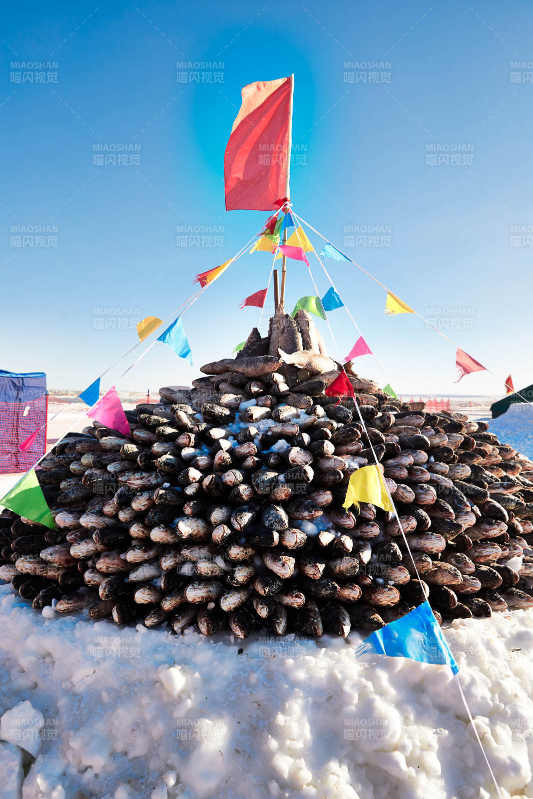 用冬捕野生湖鱼堆积的敖包图片
