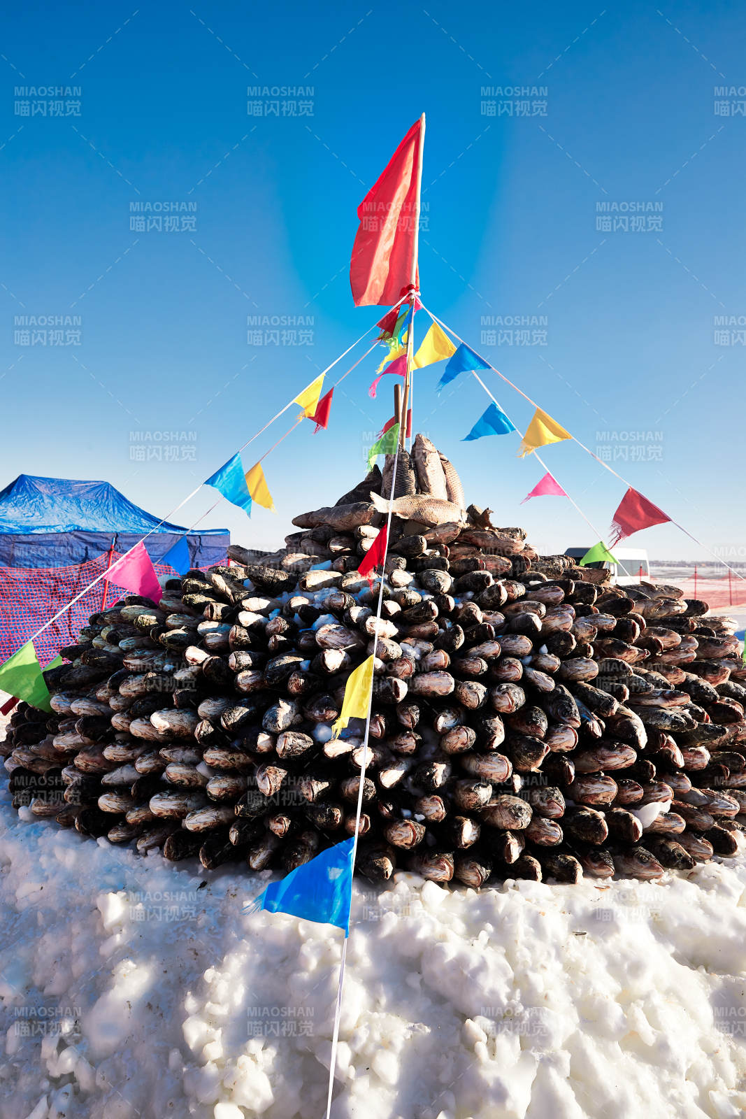用冬捕野生湖鱼堆积的敖包图片