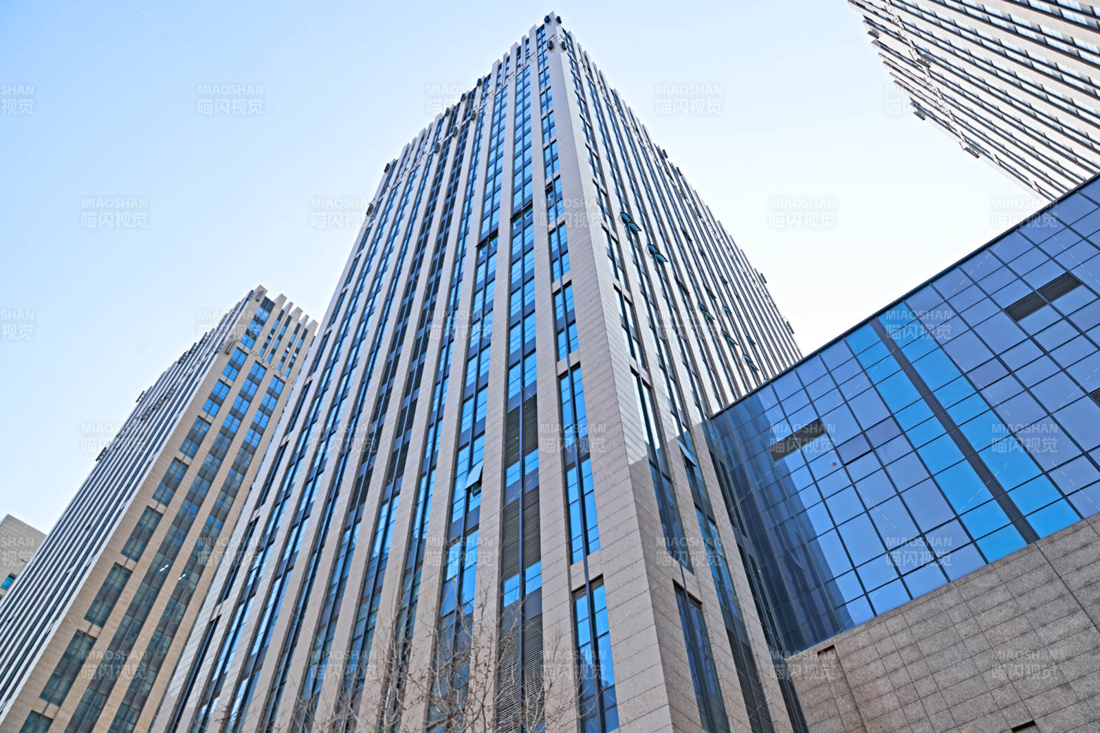 仰视现代建筑办公楼和局部景观图片