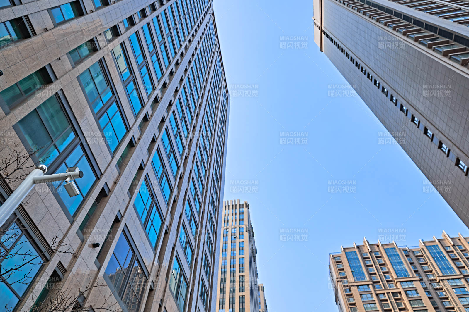 仰视现代建筑办公楼和局部景观图片