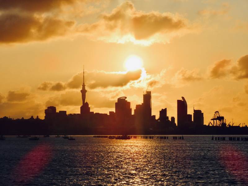 夕阳下的城市剪影图片