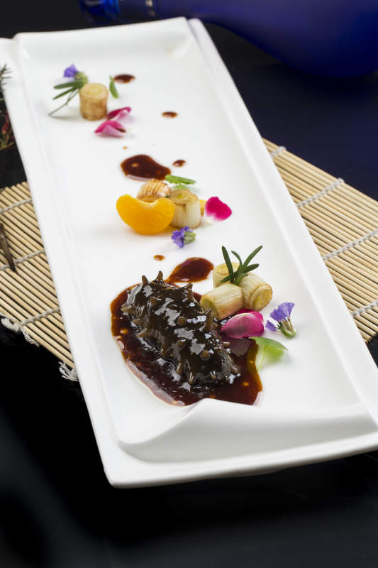 白色瓷盘装的葱烧海参图片