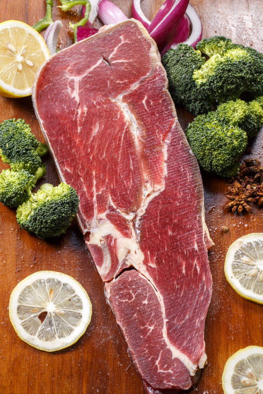 牛肩胛三角肉摆放在木质砧板上图片