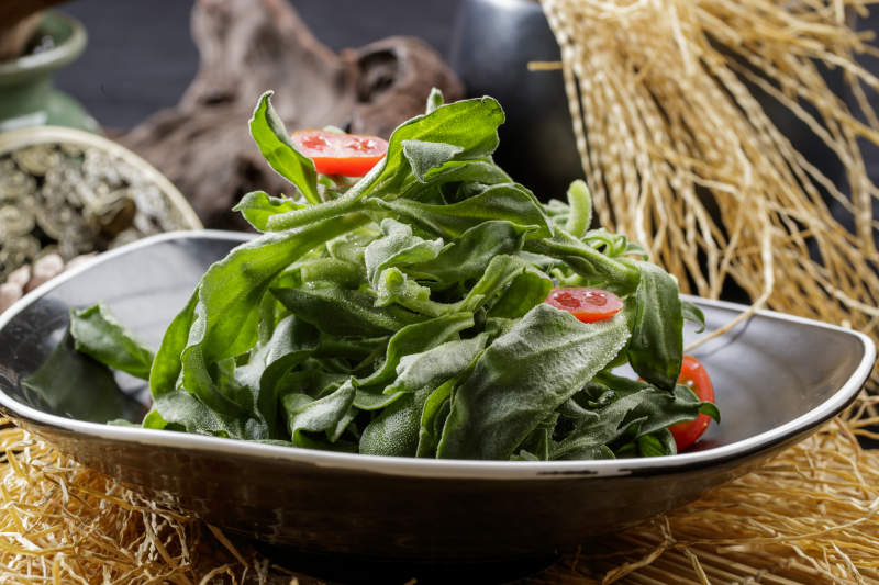 寿司帘上的圆瓷盘装的凉拌穿心莲图片