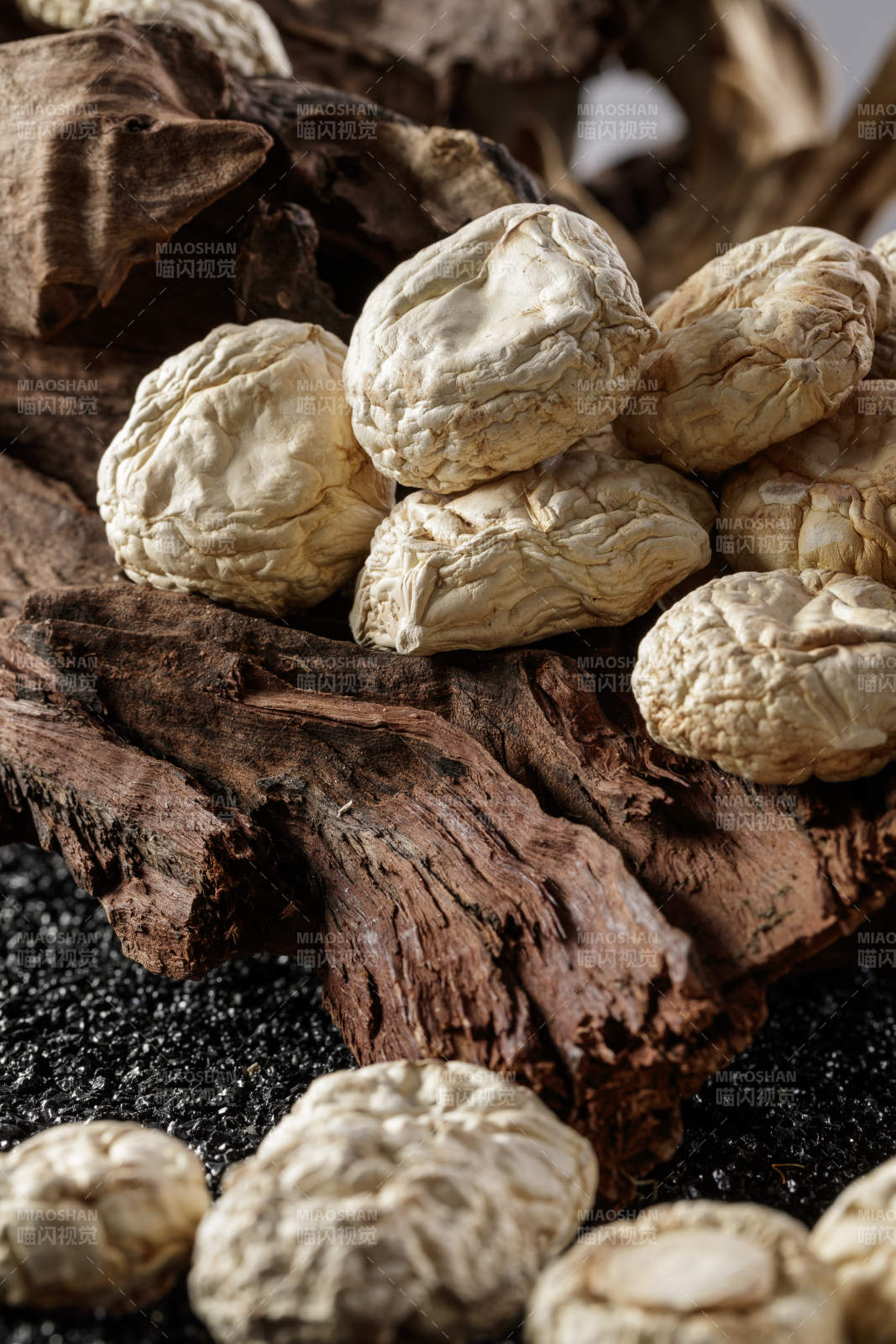 摆放在复杂背景上的坝上脱水干制口蘑图片