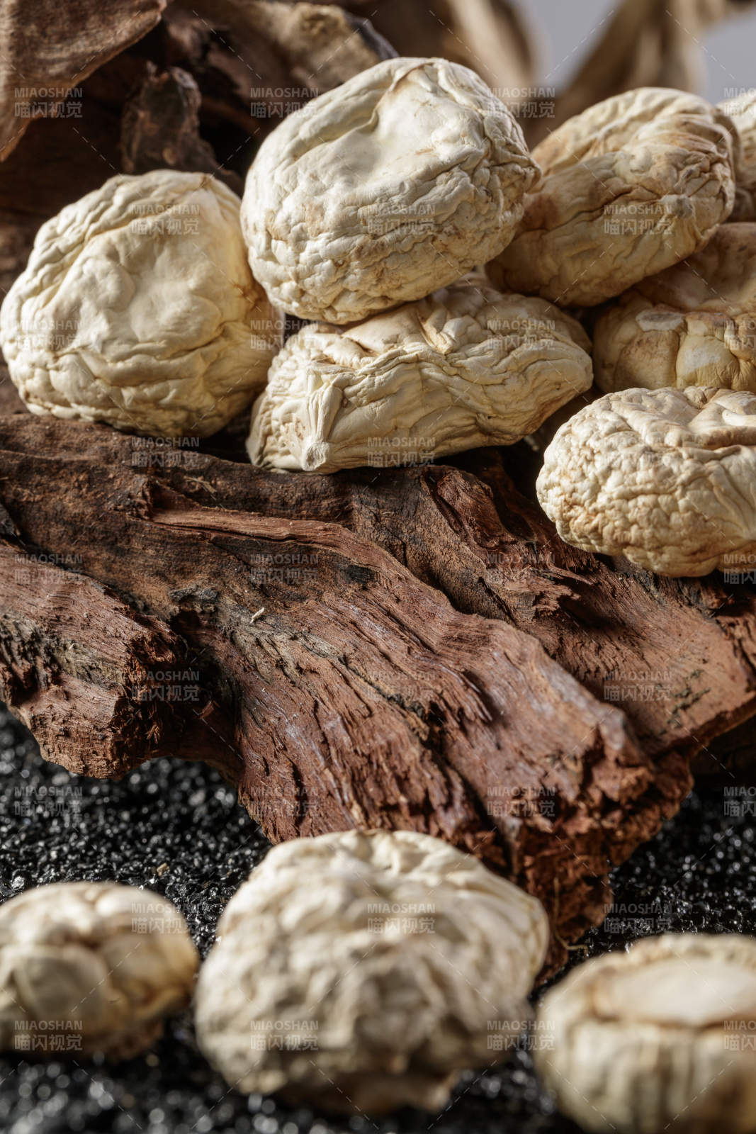 摆放在复杂背景上的坝上脱水干制口蘑图片