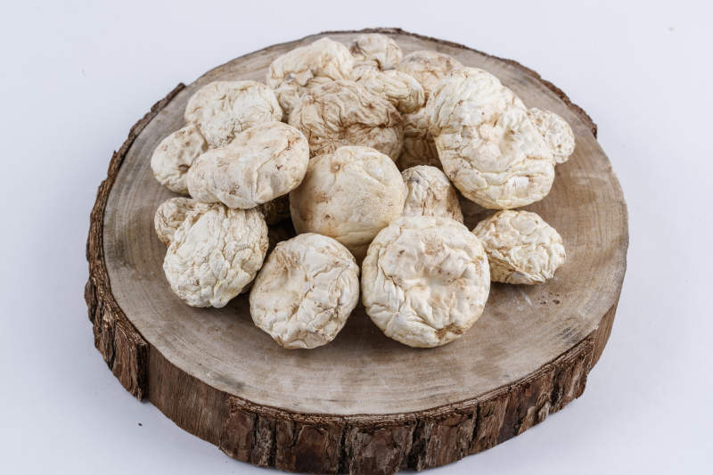 摆放在复杂背景上的坝上脱水干制口蘑图片