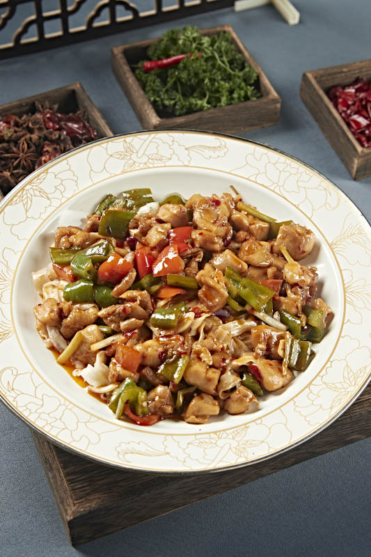 新疆风味美食辣椒烧鸡块盖面图片