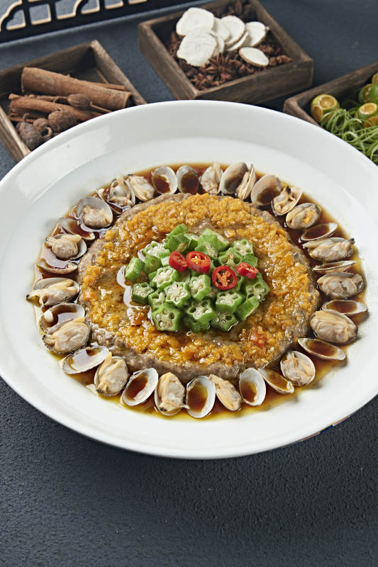 肉末饼花蛤鲜汤蒸秋葵图片