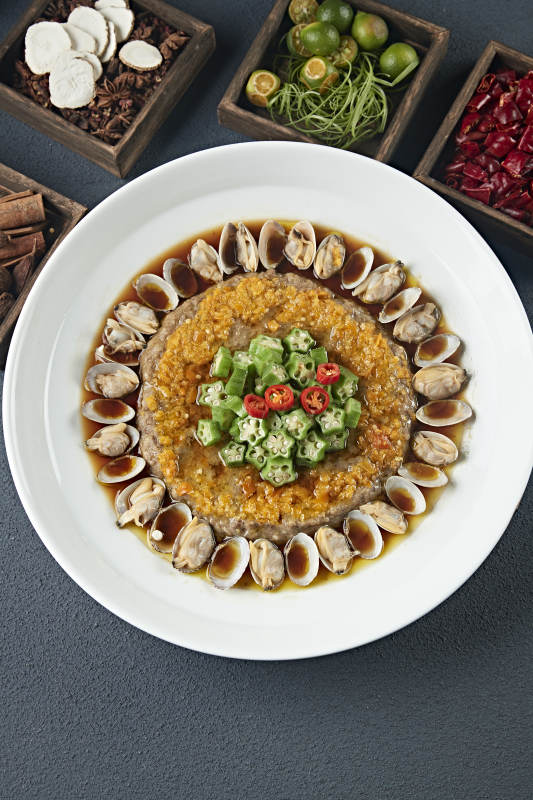 肉末饼花蛤鲜汤蒸秋葵图片