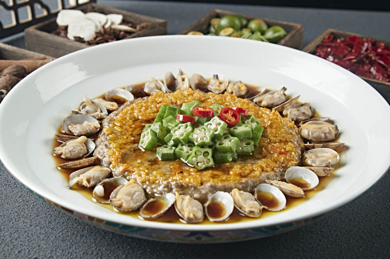 肉末饼花蛤鲜汤蒸秋葵图片