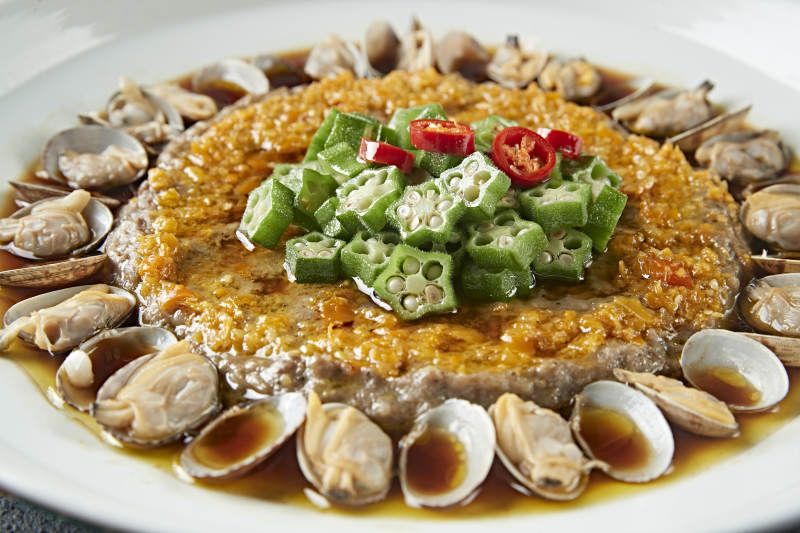 肉末饼花蛤鲜汤蒸秋葵图片