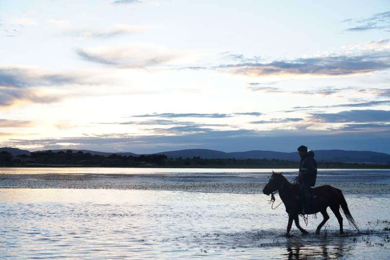 湖畔骑马剪影图片