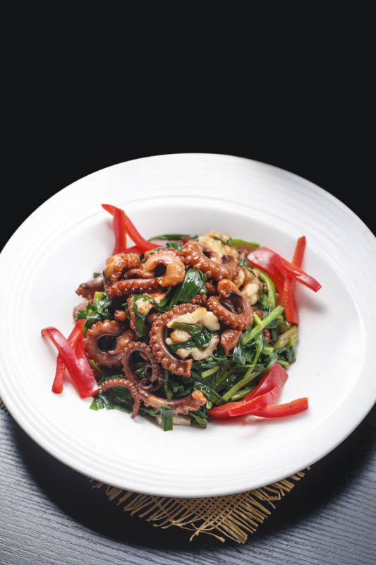 彩椒菠菜小炒鱿鱼须图片