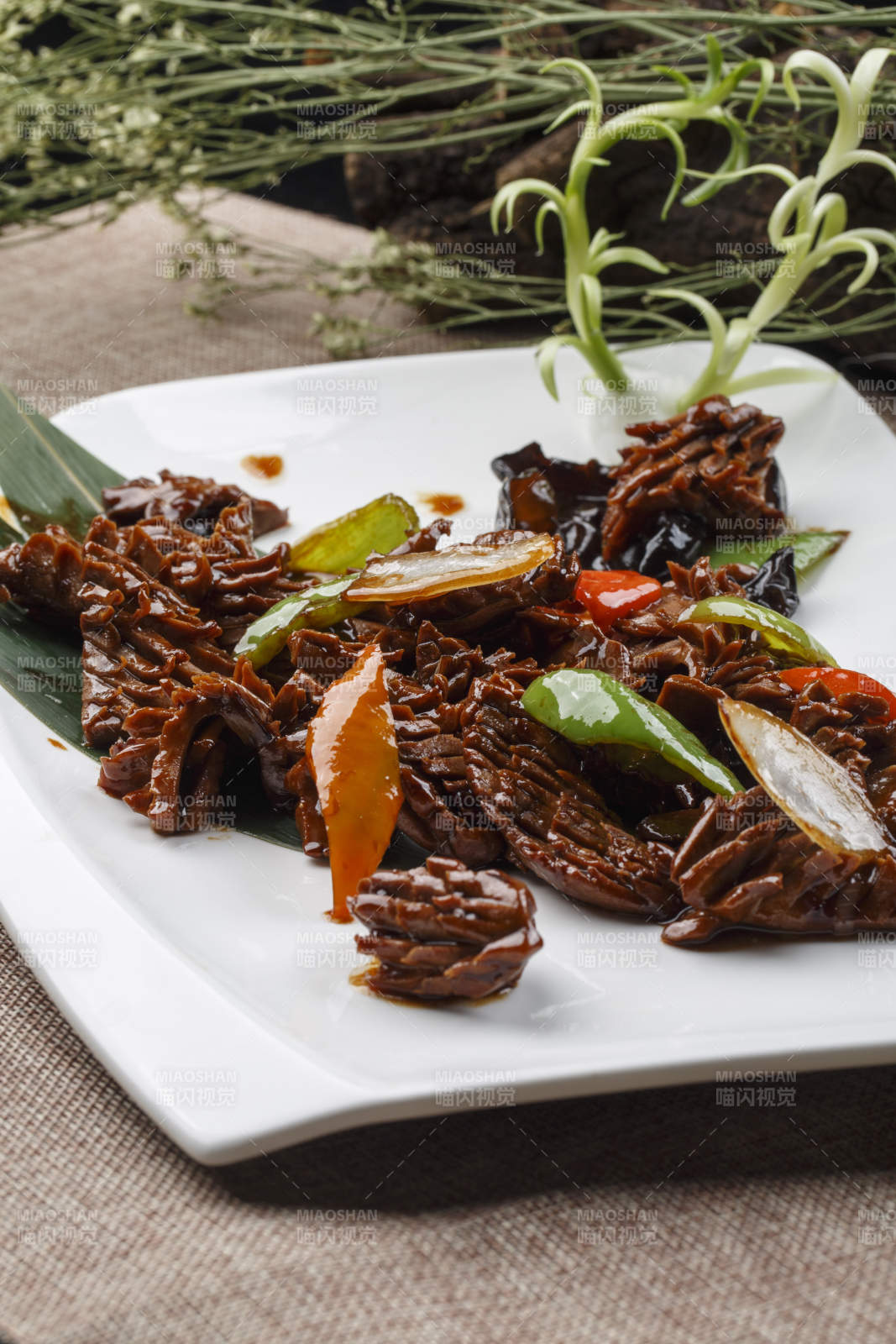 方形瓷盘装的葱香肋排图片