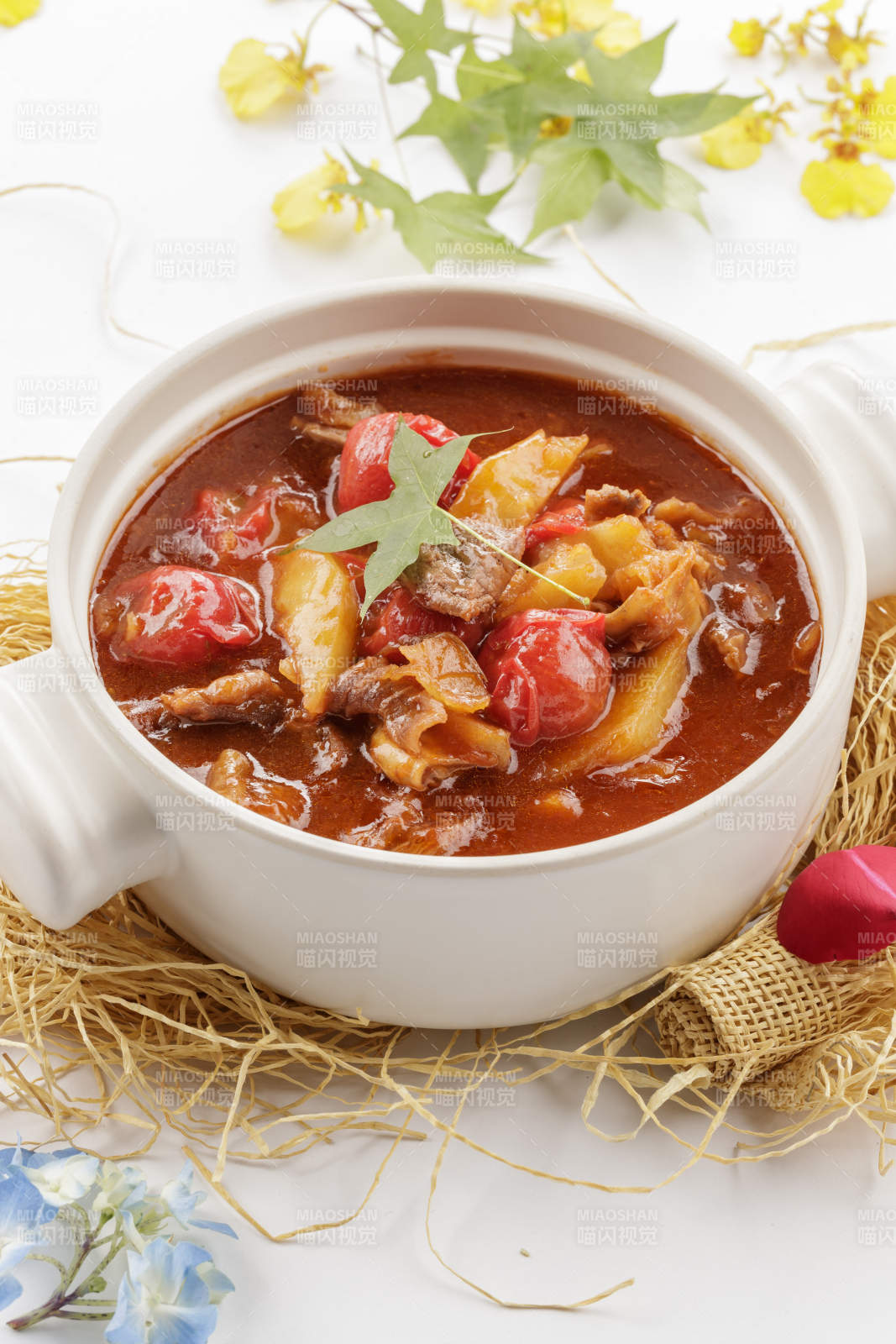 白色砂锅装的番茄土豆炖牛腩图片